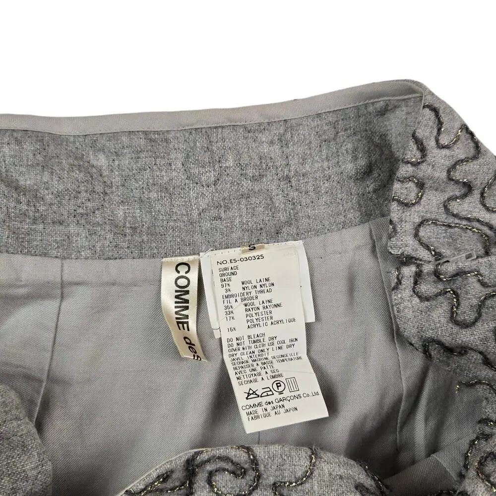 Comme Des Garcons Vintage Skirt Size Small Wool Midi Gray Embroidered Floral